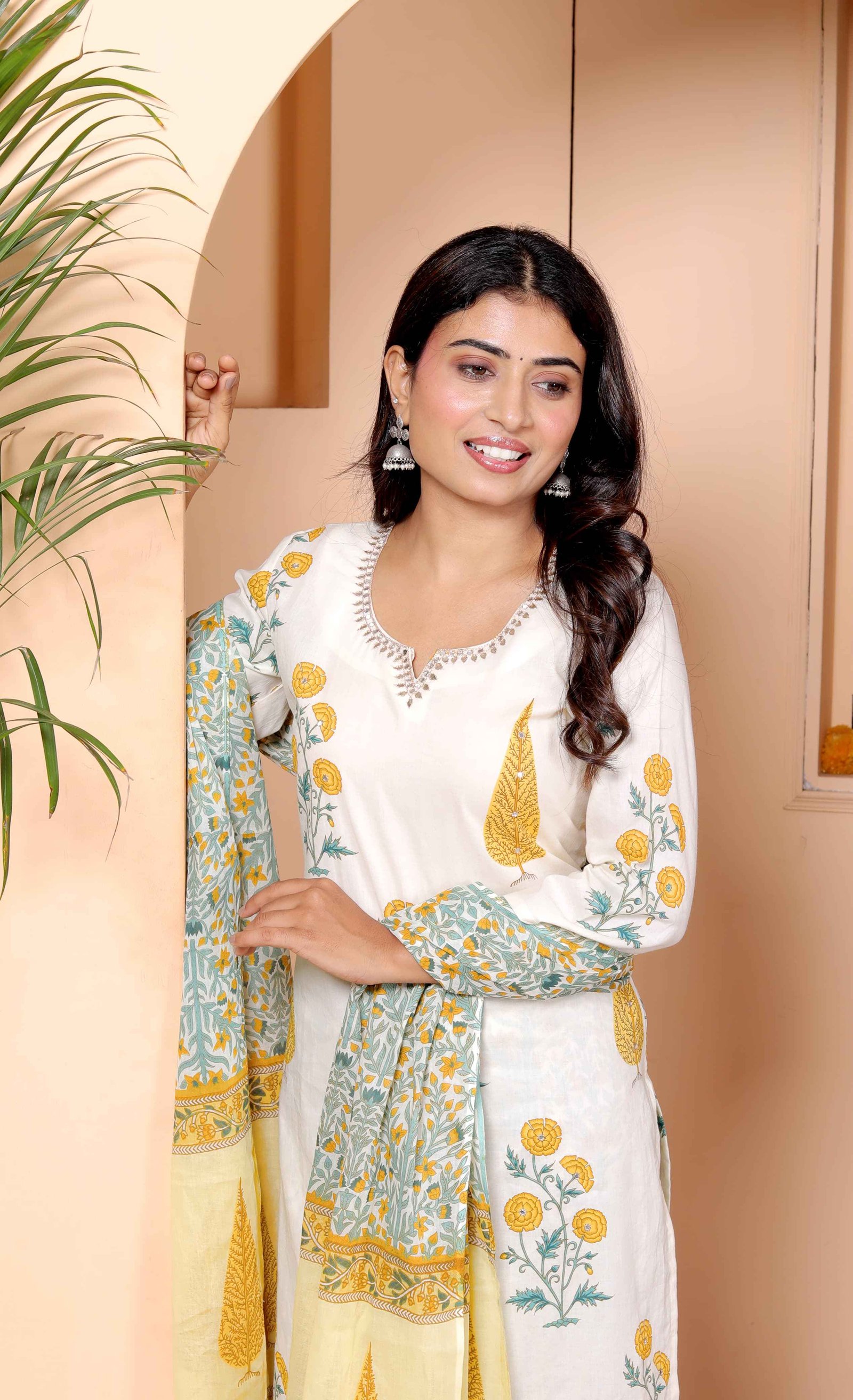 White & Mustard  Hand Block Printed Cotton Suit Set Ethnic Ensemble